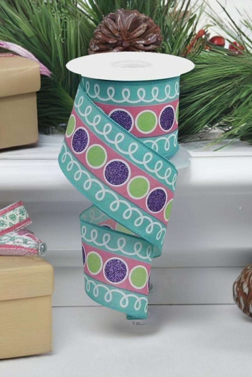 2.5" Striped Glitter Circle Loops Ribbon: Teal (10 Yards)