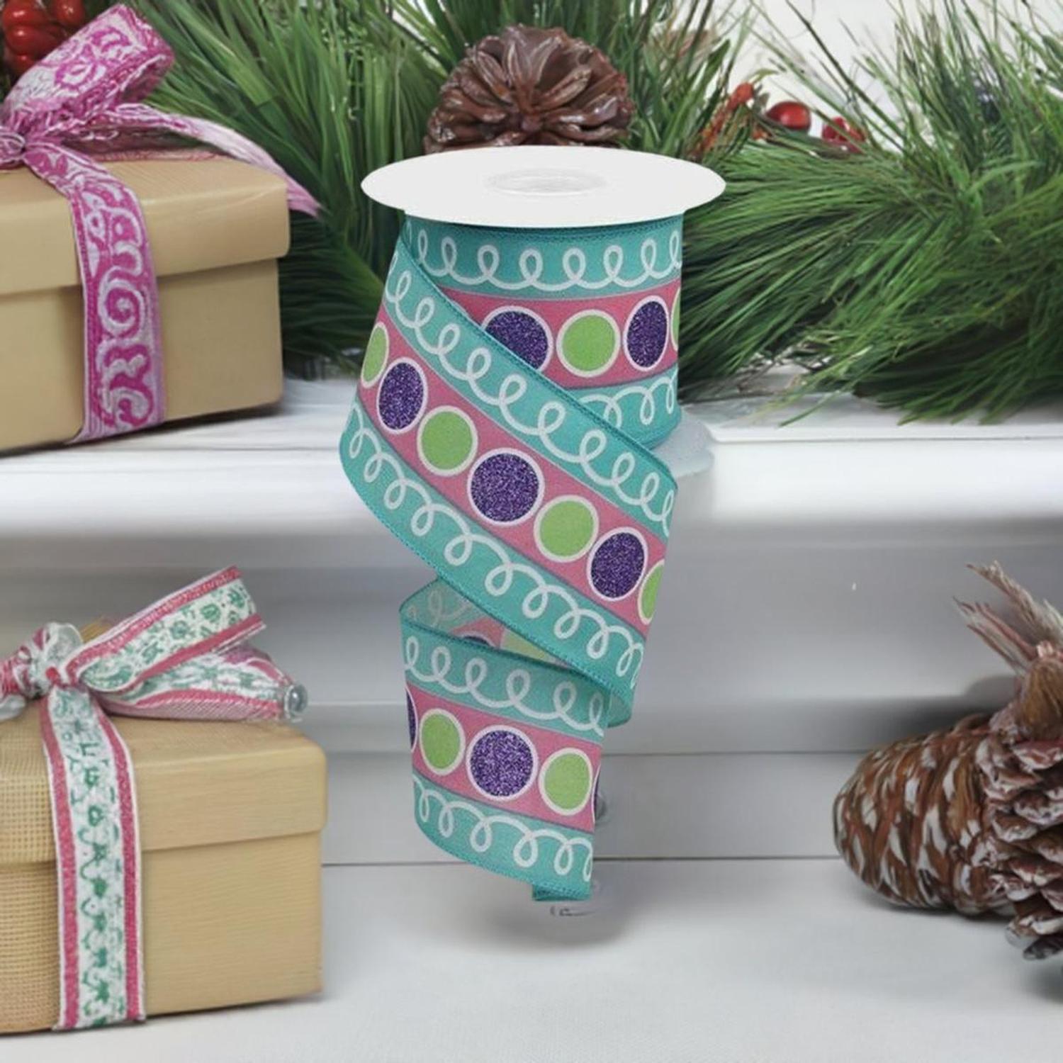 Shop For 2.5" Striped Glitter Circle Loops Ribbon: Teal (10 Yards) at Michelle's aDOORable Creations