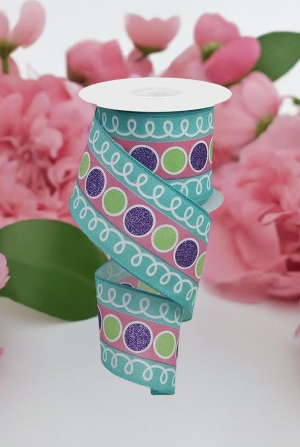 2.5" Striped Glitter Circle Loops Ribbon: Teal (10 Yards)