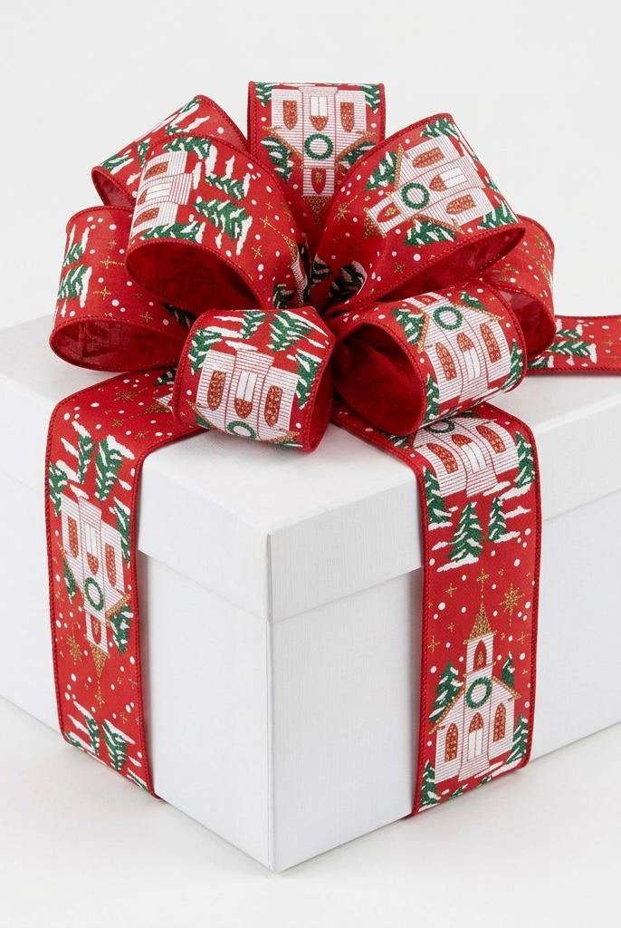 Cranberry red wired edge ribbon bow with winter church and pine tree pattern on gift box