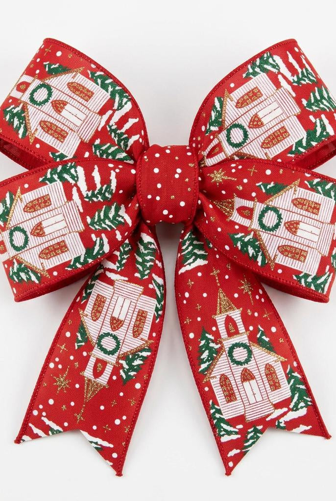 Flat lay of cranberry red wired ribbon featuring white church, green tree, and gold star print