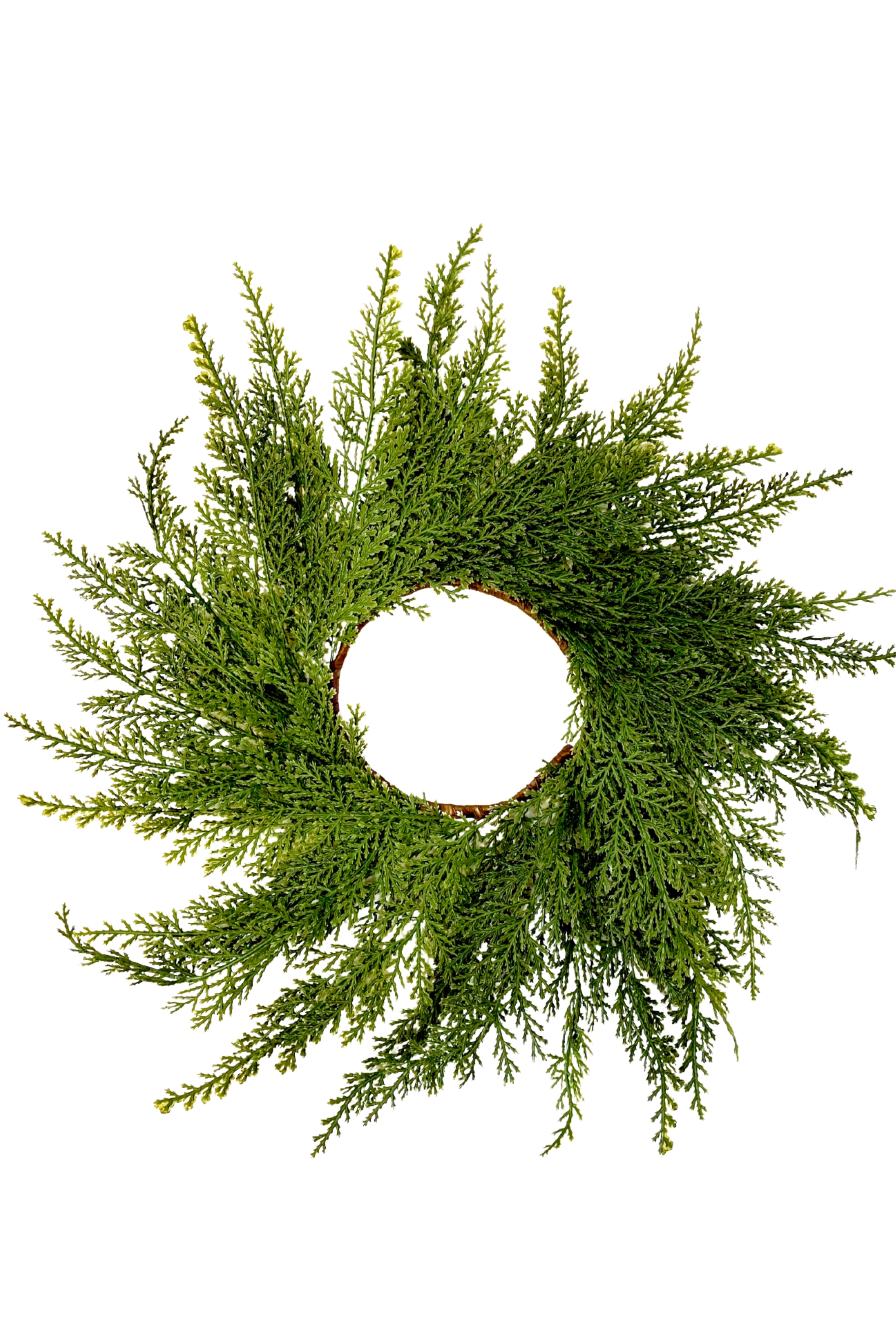 14-inch mini Christmas wreath made of realistic green faux cedar branches for farmhouse holiday decor.