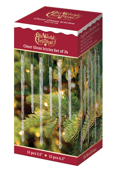 Set of 24 clear, twisted glass icicle ornaments in a red Old World Christmas box for holiday tree decoration.