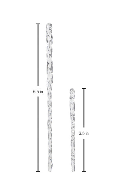 Two clear, twisted glass icicle ornaments measuring 6.5 inches and 3.5 inches in length against a white background.