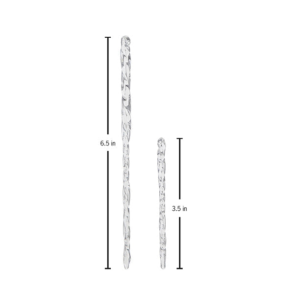 Two clear, twisted glass icicle ornaments measuring 6.5 inches and 3.5 inches in length against a white background.