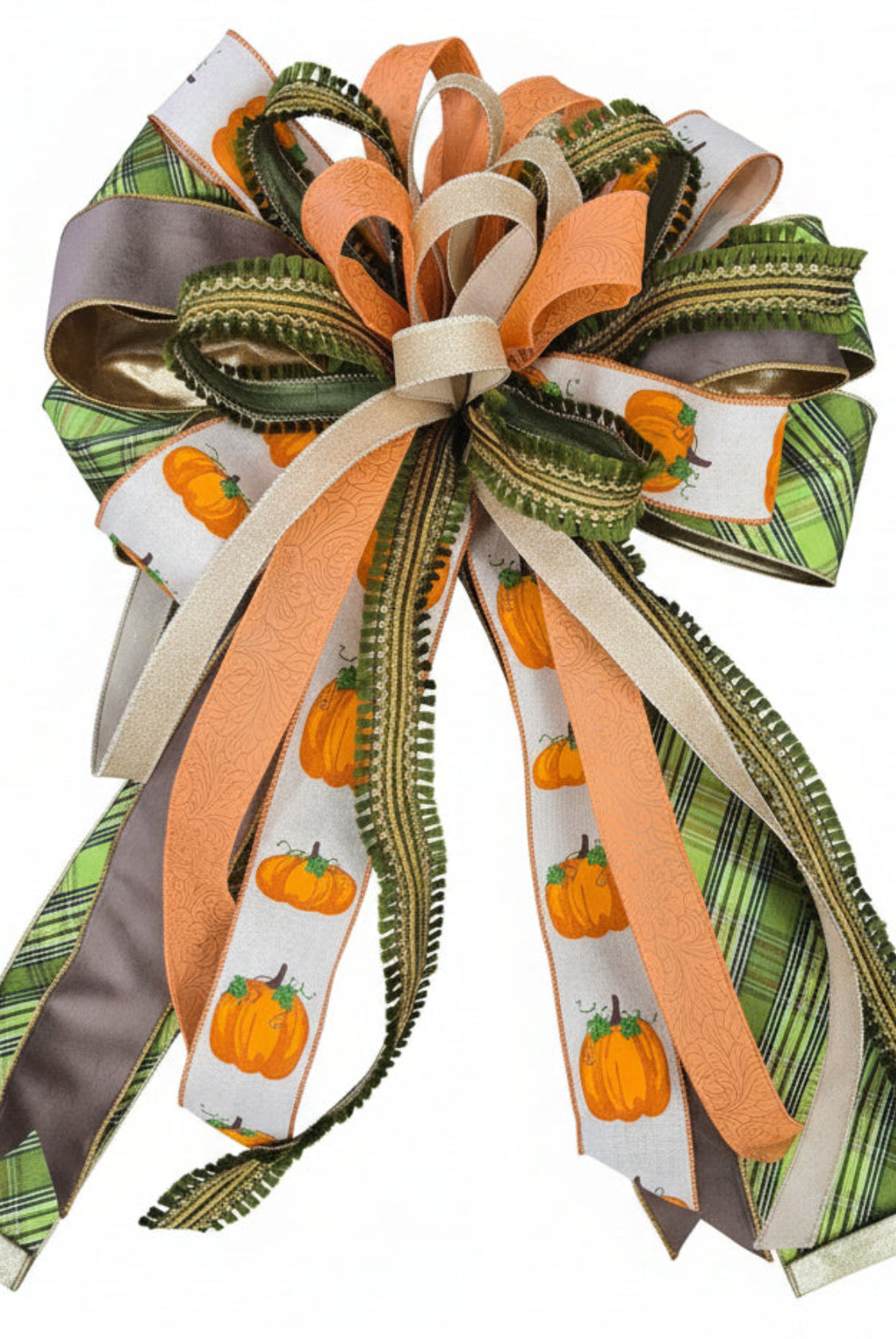 Large decorative fall bow featuring pumpkin-print ribbon, green plaid accents, and textured trim for autumn wreaths.