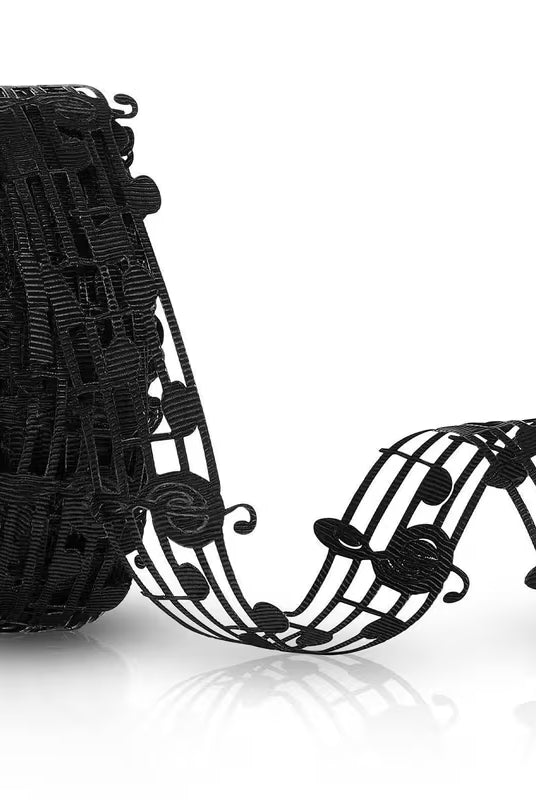 Unspooled black musical staff lace ribbon with note cutouts