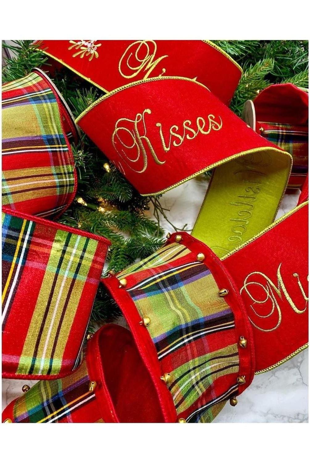 4" Embroidery Mistletoe Kisses Felt Ribbon: Red (5 Yards)