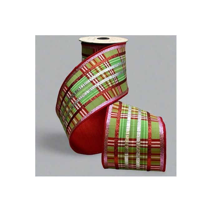 Shop For 4" Faux Dupion Plaid Glitter Ribbon: Green, Pink & Red (5 Yards) at Michelle's aDOORable Creations