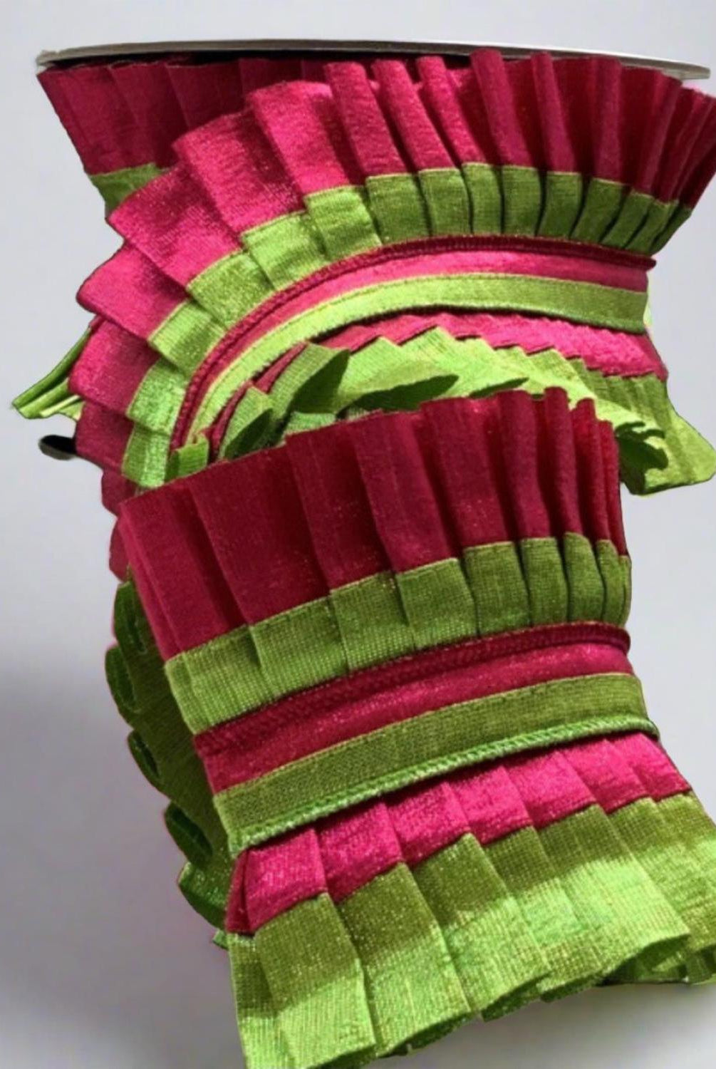 4" Metallic Dupion Pleated Ruffle Ribbon: Lime/Hot Pink (5 Yards)