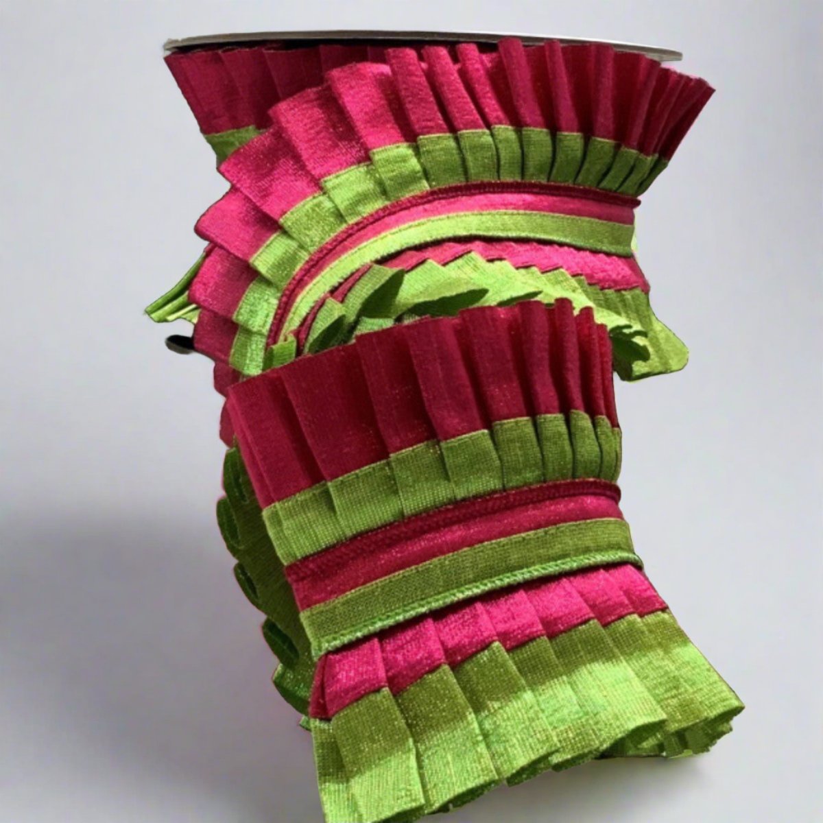 Shop For 4" Metallic Dupion Pleated Ruffle Ribbon: Lime/Hot Pink (5 Yards) at Michelle's aDOORable Creations