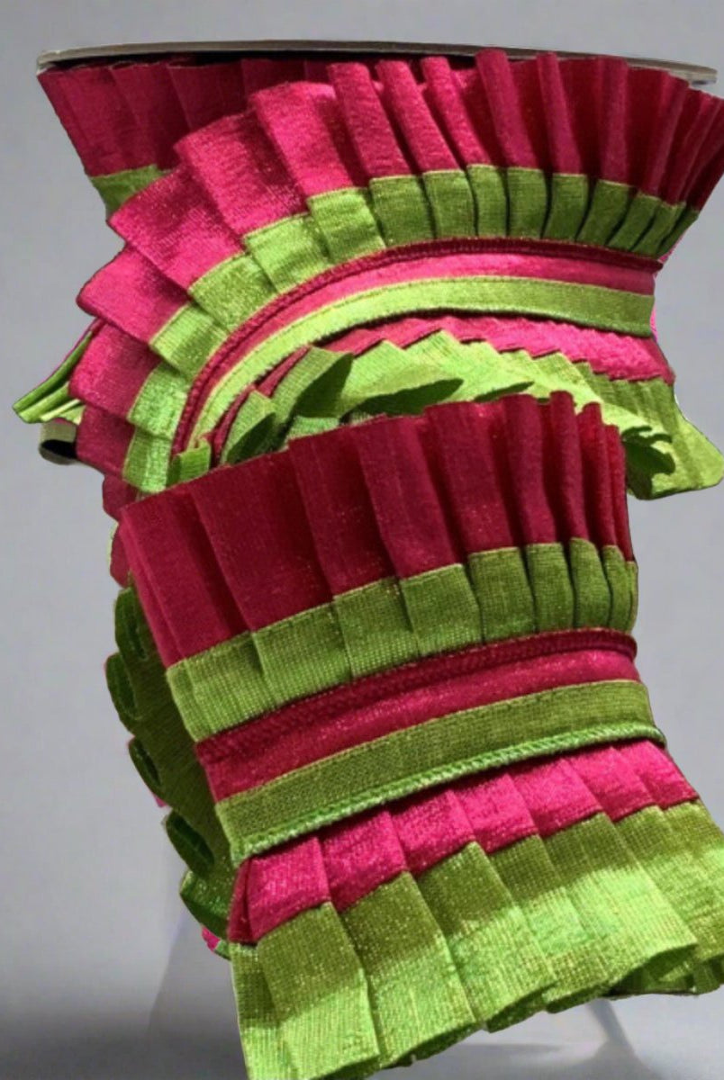 Shop For 4" Metallic Dupion Pleated Ruffle Ribbon: Lime/Hot Pink (5 Yards) at Michelle's aDOORable Creations