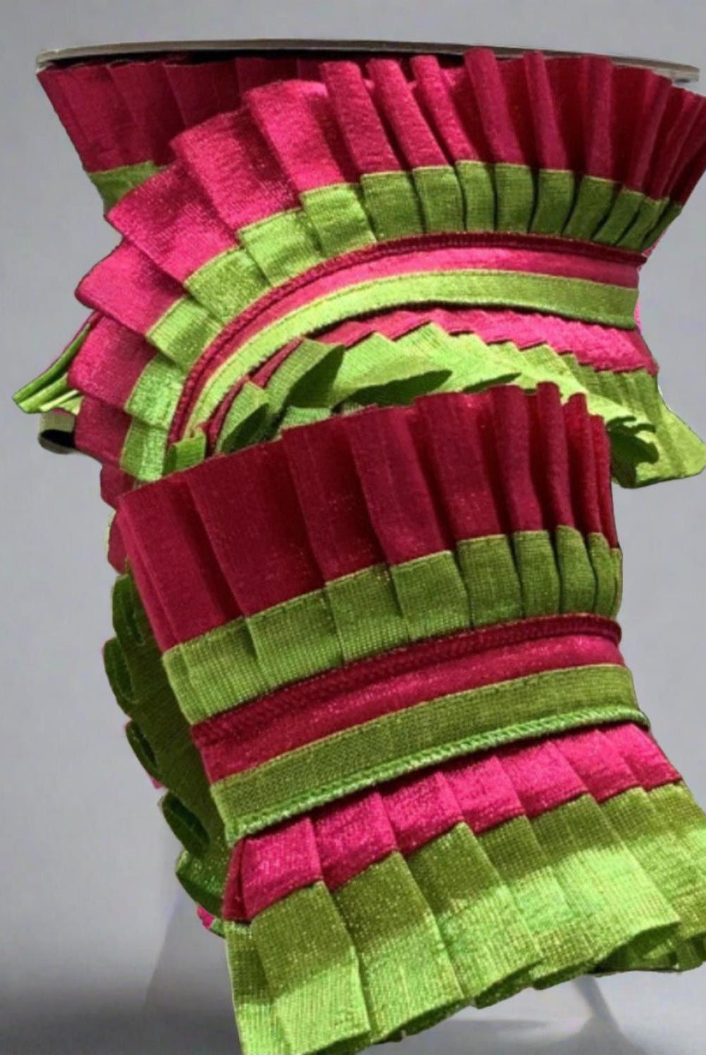 4" Metallic Dupion Pleated Ruffle Ribbon: Lime/Hot Pink (5 Yards)