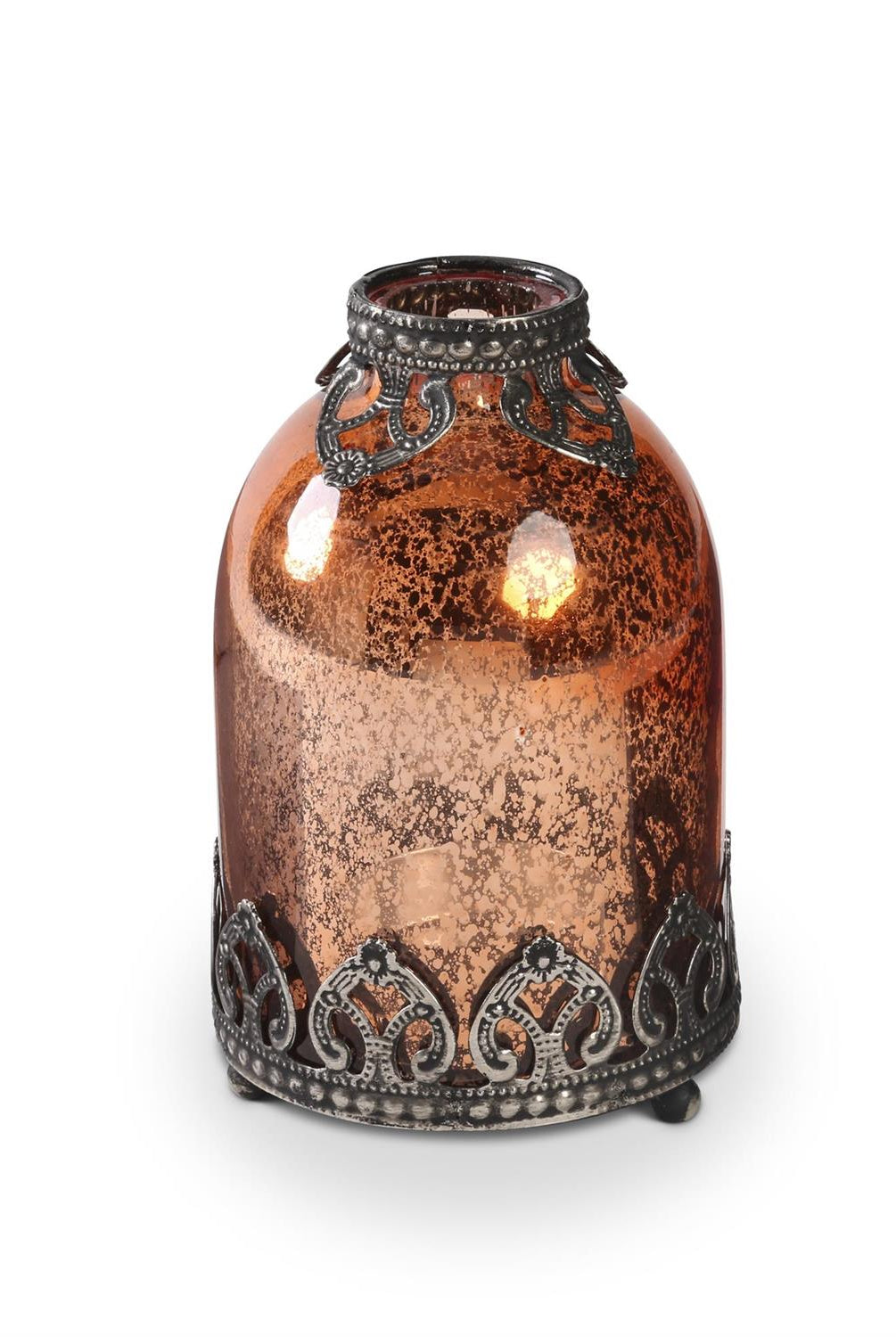 5.25-inch copper mercury glass vase featuring intricate silver metal filigree detailing and a decorative base.