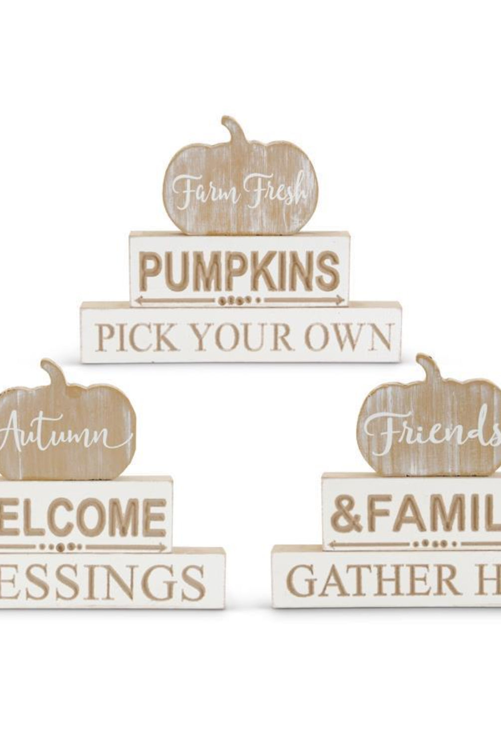 Rustic wood-MDF stacked tabletop signs with engraved harvest messages and pumpkin accents in white and natural wood tones.