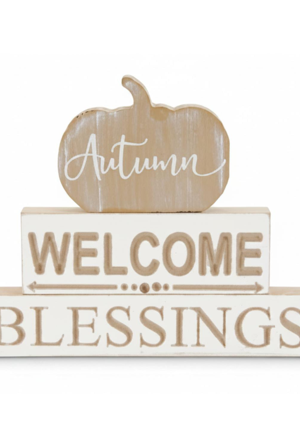 Stacked wood tabletop decor with a pumpkin topper, engraved with Autumn, Welcome, and Blessings in rustic white and tan.