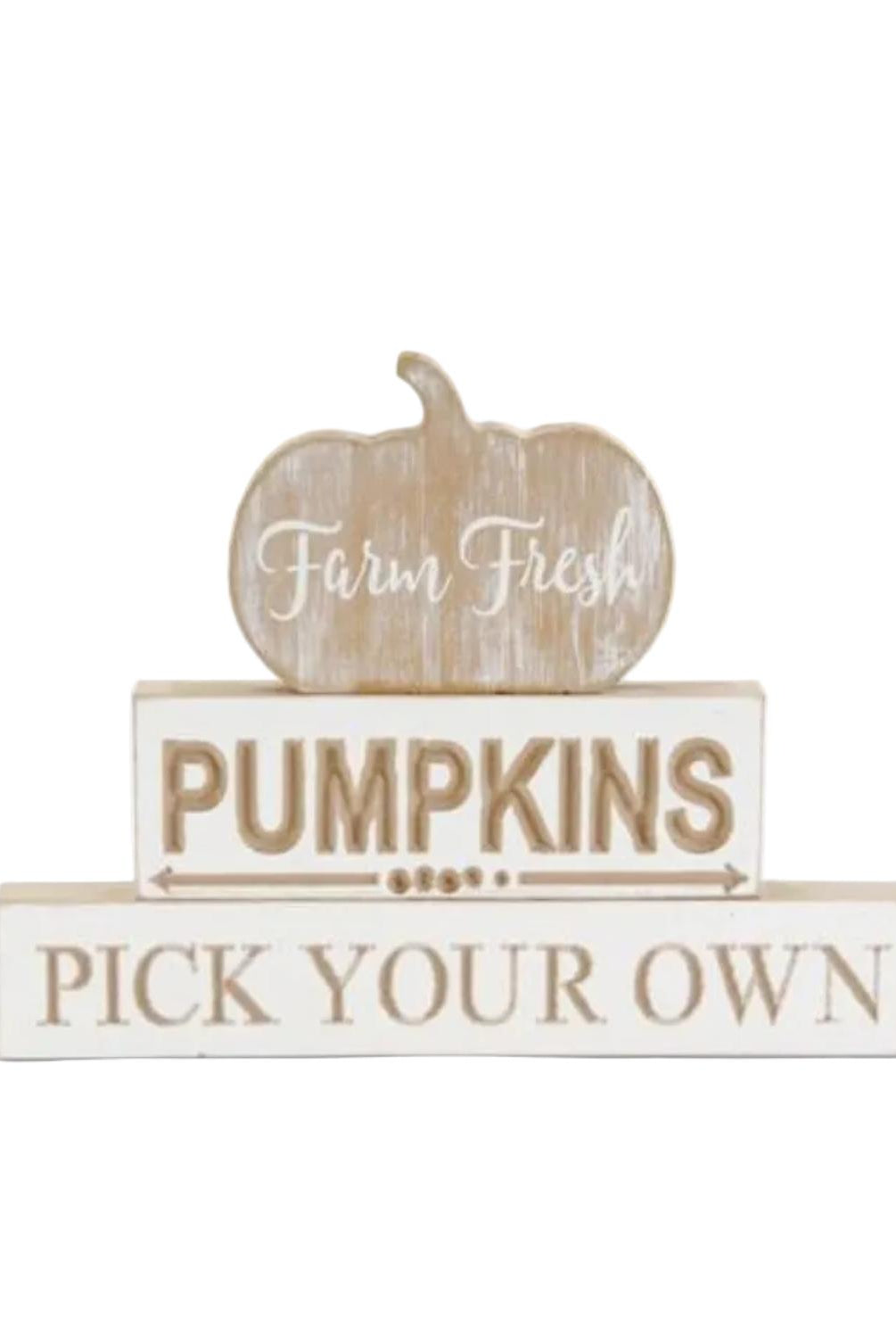 Rustic 8-inch stacked wood tabletop sign featuring a pumpkin, Farm Fresh, and Pick Your Own harvest message.