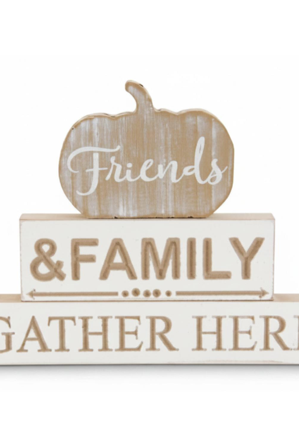 Rustic 8-inch wood tabletop sign featuring stacked white blocks with engraved Friends, Family, and Gather Here text.