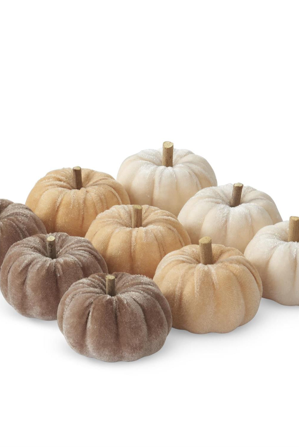Small 2.5-inch velvet pumpkins in assorted brown, cream, and yellow tones with realistic stems for autumn decor.