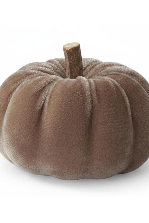 2.5-inch brown velvet decorative pumpkin with a textured stem for autumn home decor and fall centerpieces.