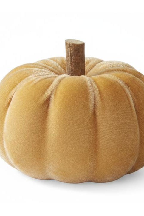 2.5-inch yellow velvet decorative pumpkin with a realistic wooden stem, perfect for autumn table centerpieces.