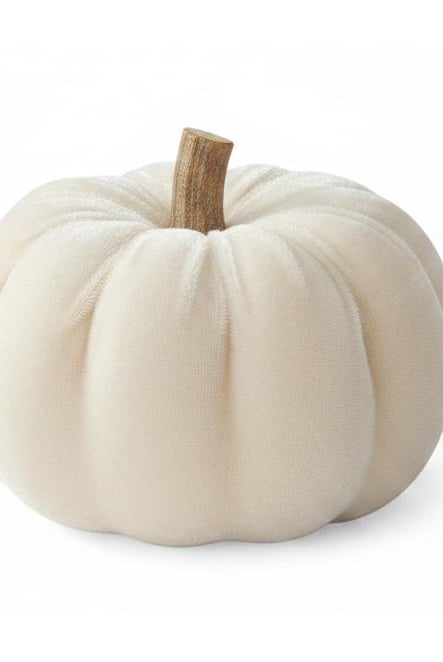 2.5-inch cream velvet decorative pumpkin with a textured brown stem for autumn home decor.