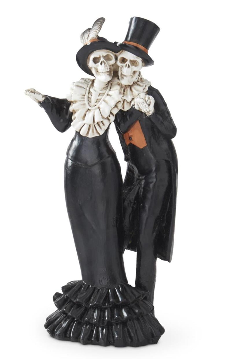 9.25-inch resin dancing skeleton couple in formal black Victorian attire, perfect for Halloween or Day of the Dead decor.