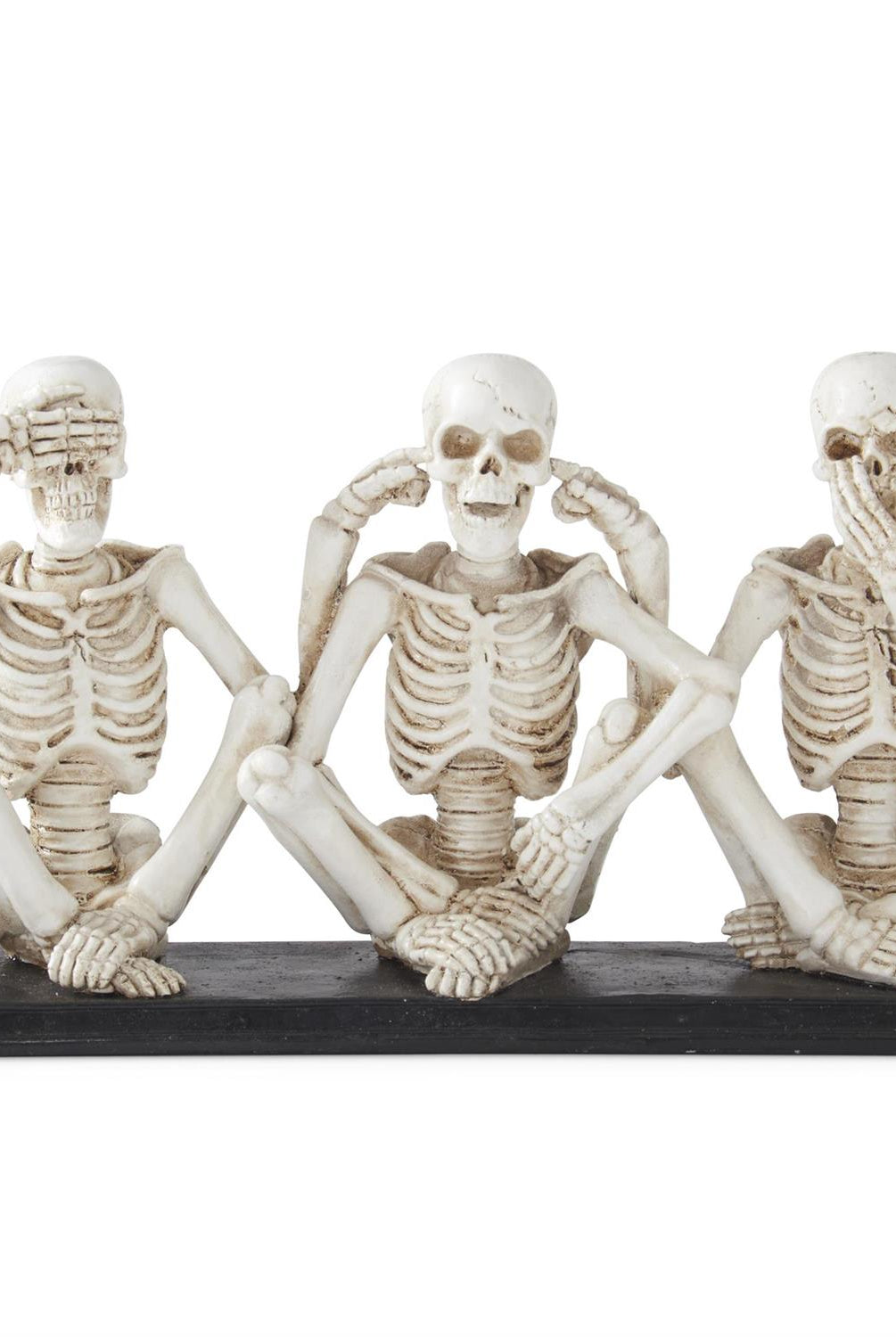 11.25-inch polyresin skeleton trio sitting on a black base, depicting the see, hear, and speak no evil proverb.