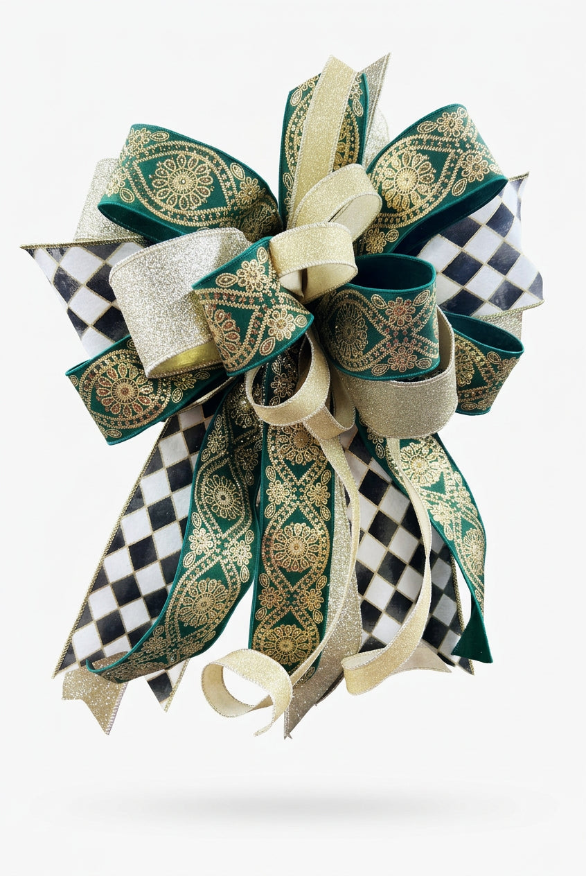 Layered green and gold diamond pattern decorative bow for holiday wreaths