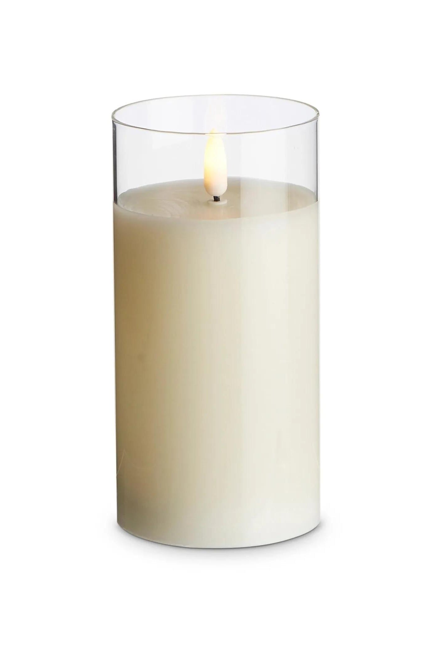 Ivory LED pillar candle in a clear glass holder with a realistic flickering flame, 3 inches wide by 6 inches tall.