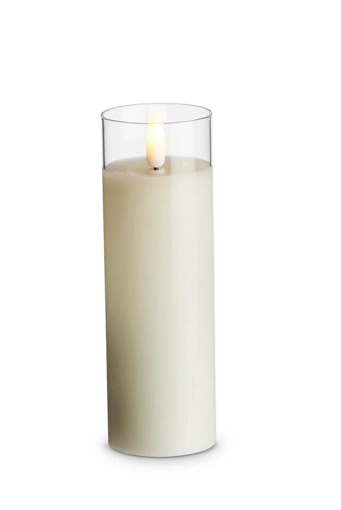 6-inch ivory LED pillar candle in a clear glass holder with a realistic flickering flame effect.