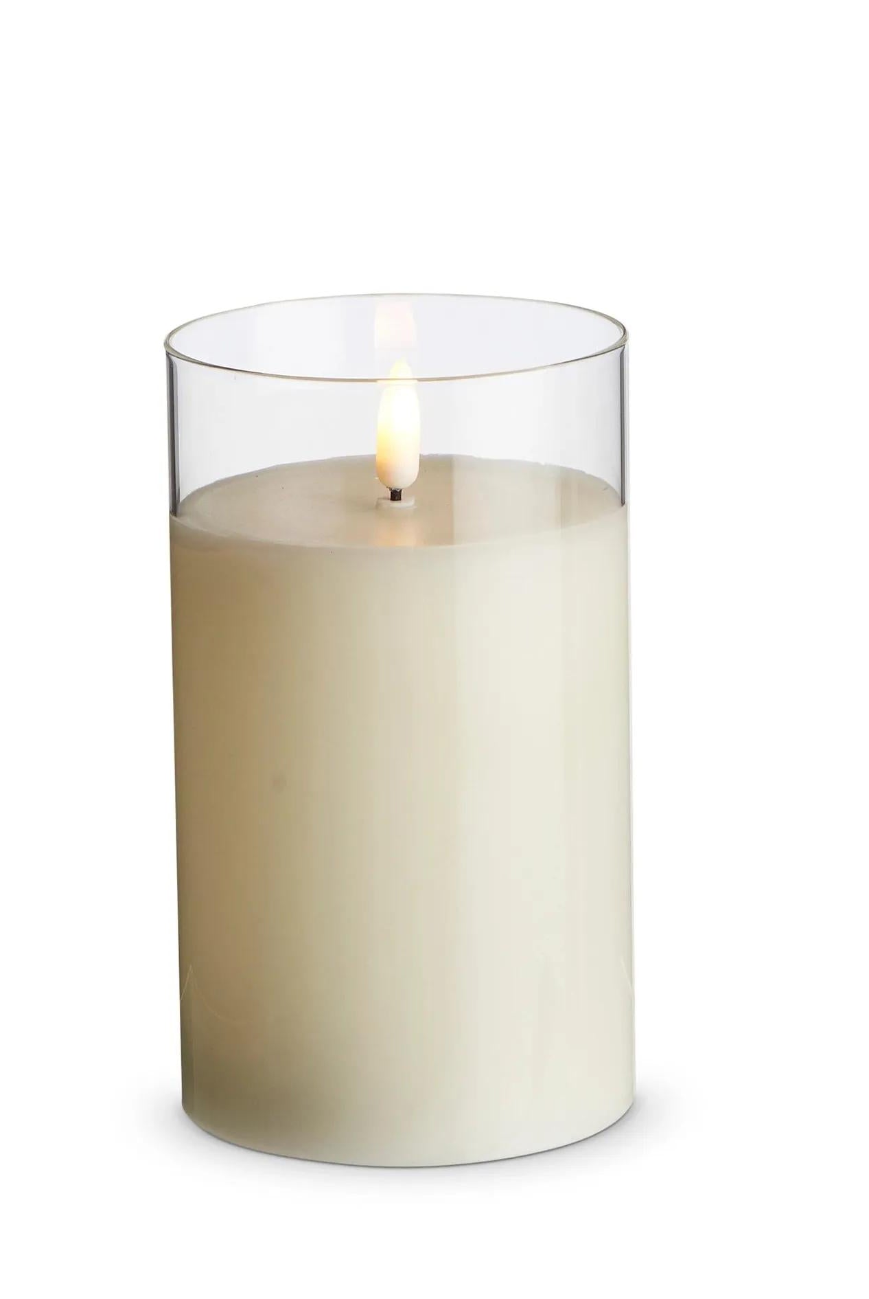 Ivory LED pillar candle in a 6-inch clear glass holder with a realistic flickering flame effect.