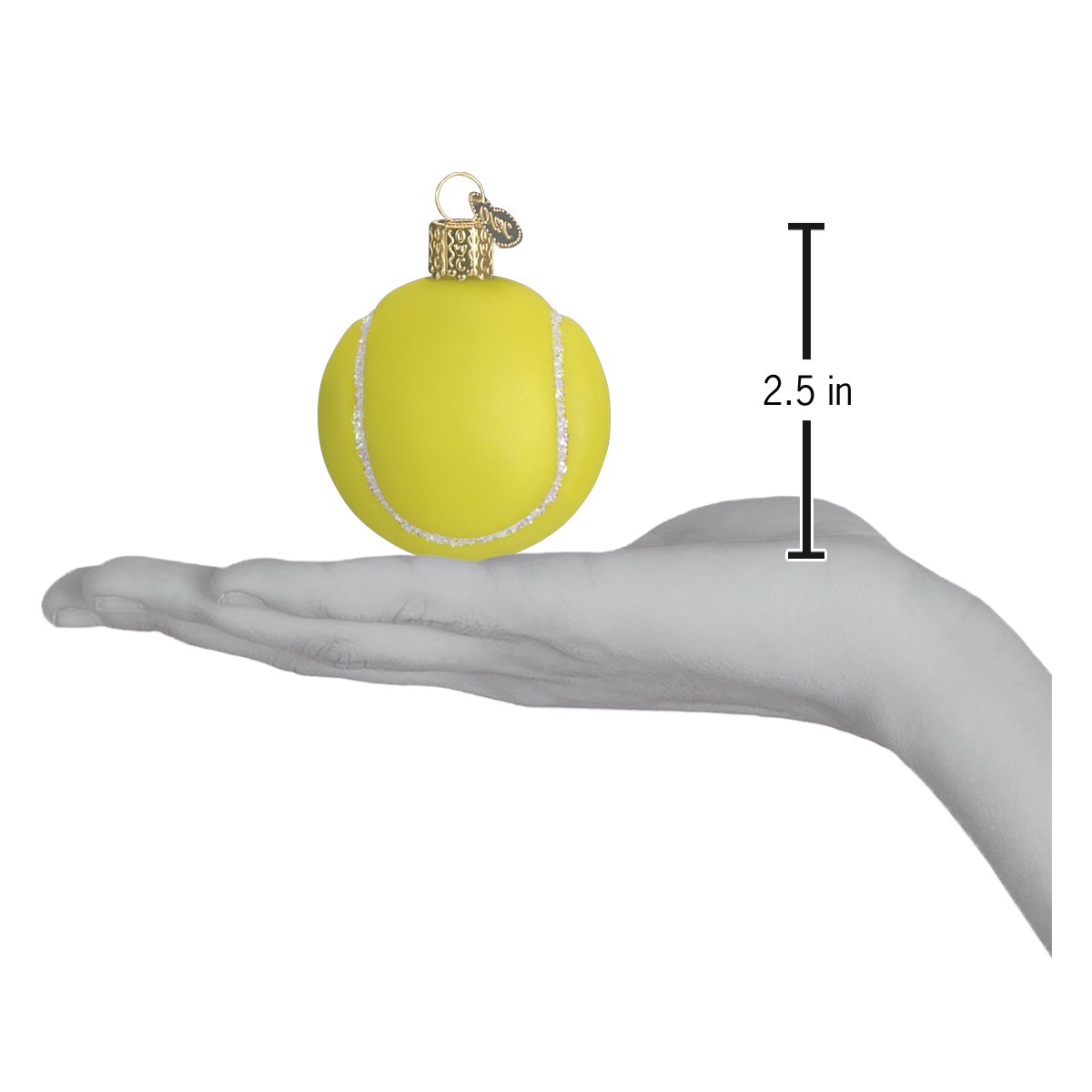 Hand-held 2.5-inch glass tennis ball ornament with bright yellow paint, glittery white seams, and a gold hanging cap.