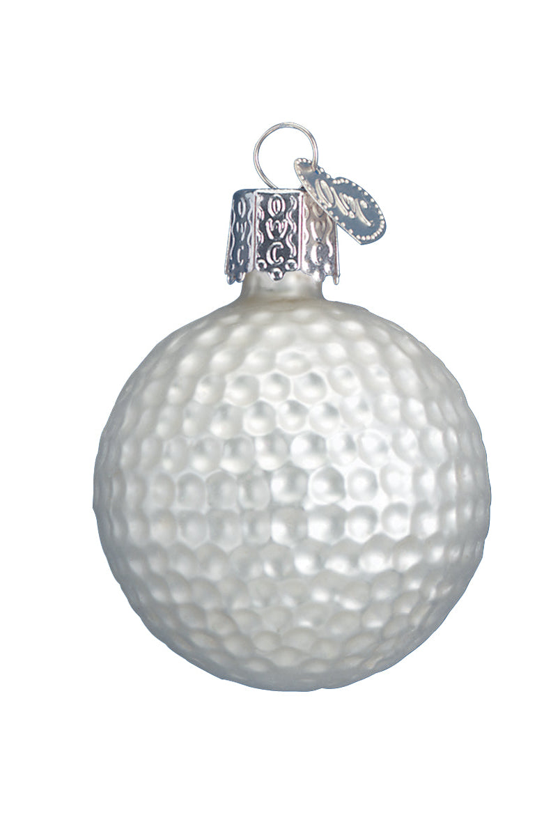 White glass golf ball Christmas ornament with a textured dimpled surface and a silver decorative hanging cap.