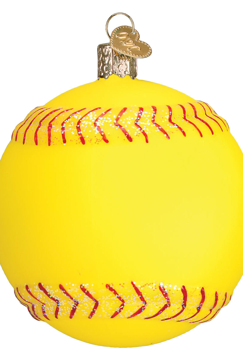 Bright yellow glass softball Christmas ornament with red glitter stitching and a gold hanging loop.