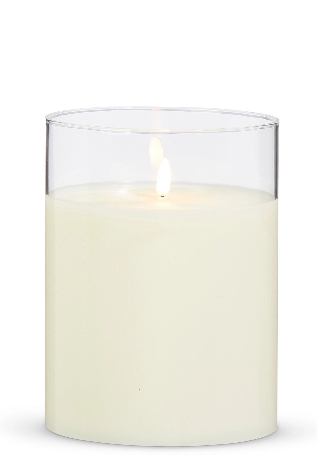 Ivory LED pillar candle in a clear glass holder with a realistic flickering flame, 6 inches wide by 8 inches tall.