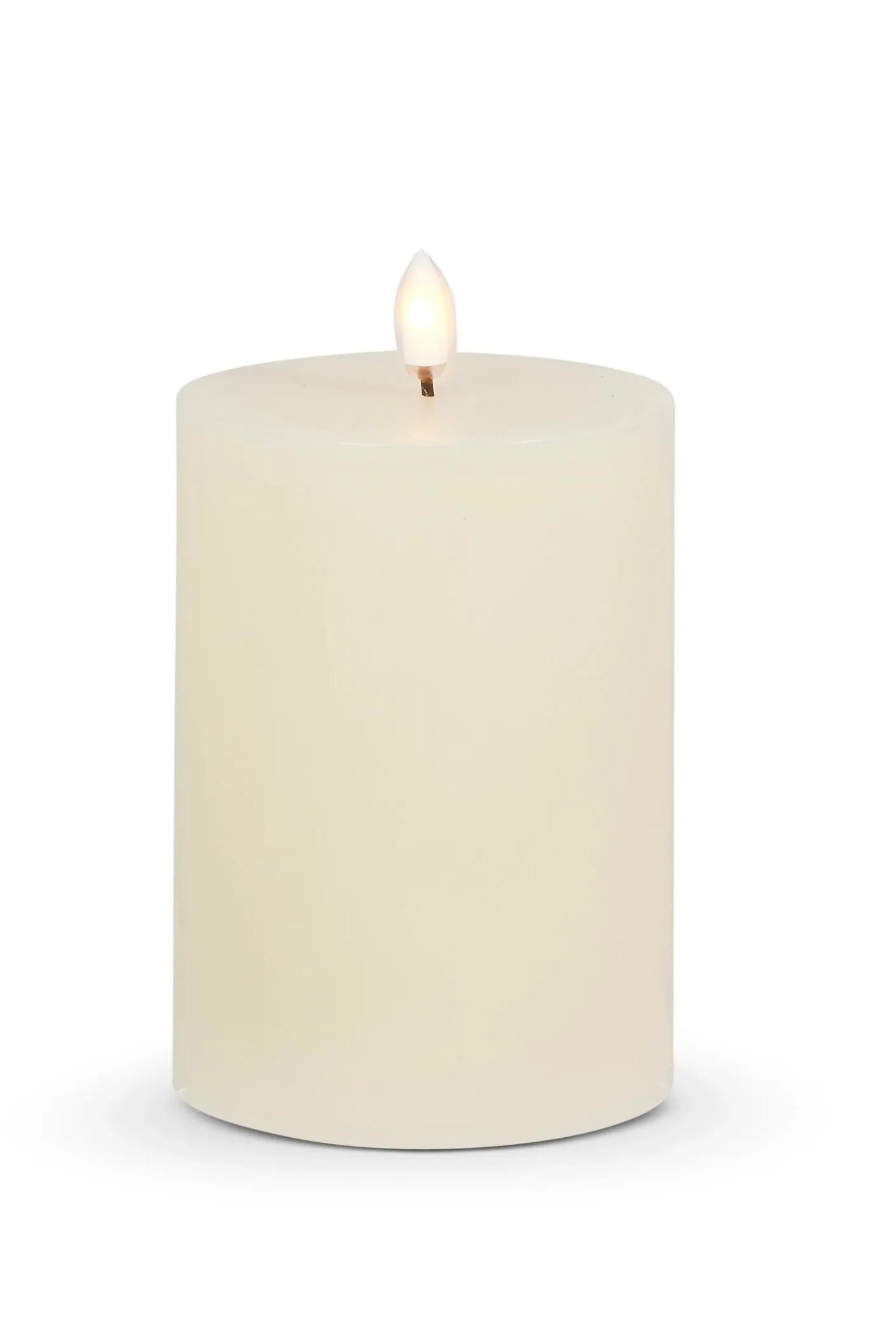 Ivory wax LED pillar candle, 3.5 by 5 inches, featuring a realistic glowing flame effect on a white background.
