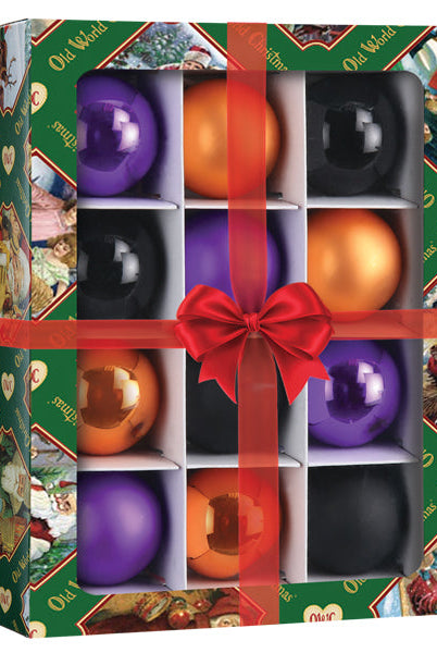 Set of 12 glossy 1.5-inch Halloween ornaments in purple, orange, and black, packaged in a festive gift box with a red bow.