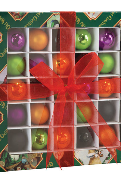 Set of 25 small 1-inch Halloween ornaments in orange, purple, green, and black, packaged in a decorative gift box.