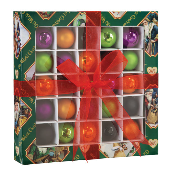 Set of 25 small 1-inch Halloween ornaments in orange, purple, green, and black, packaged in a decorative gift box.
