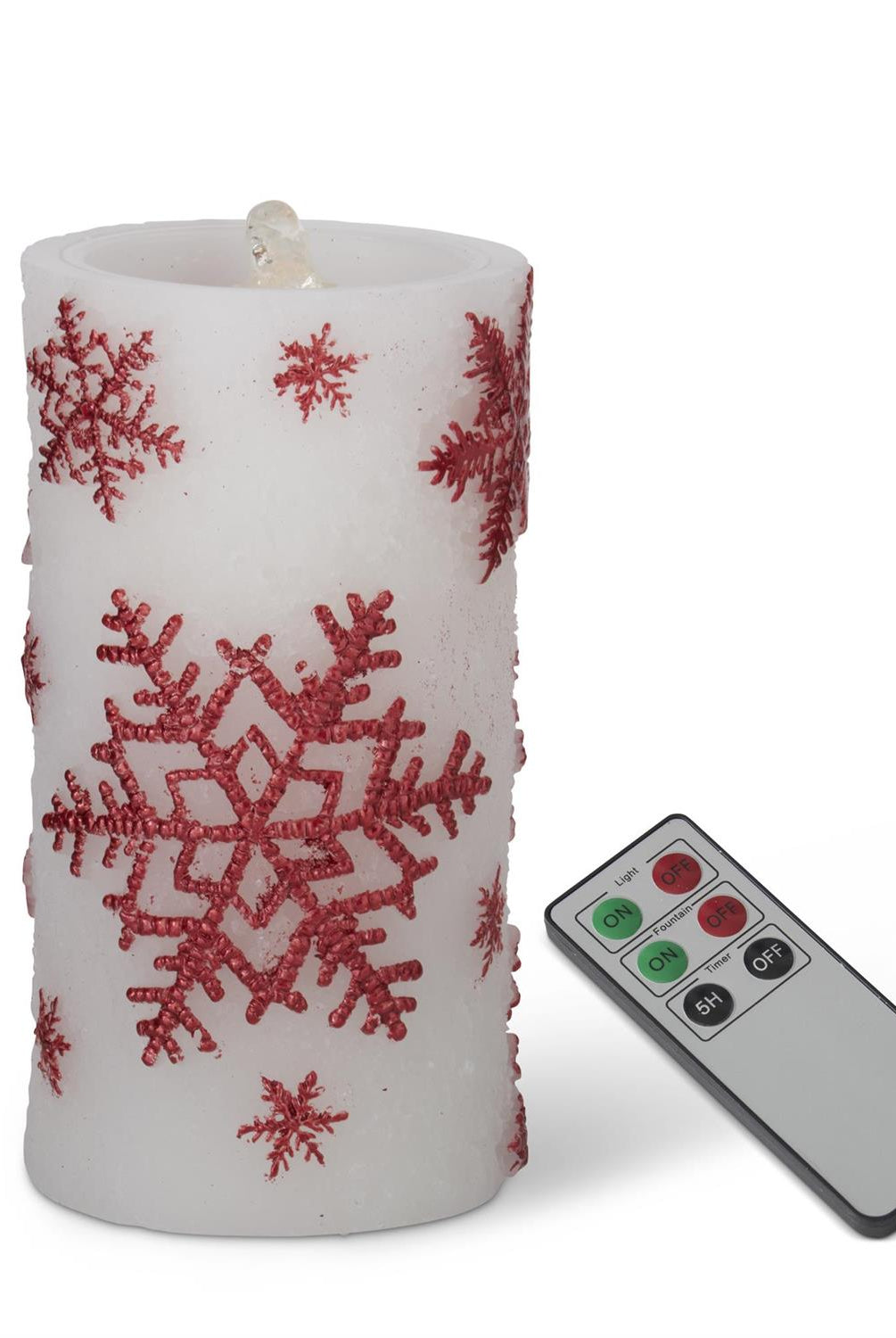 7.75-inch white wax LED pillar candle with red shimmering snowflakes and a water fountain feature, including a remote.