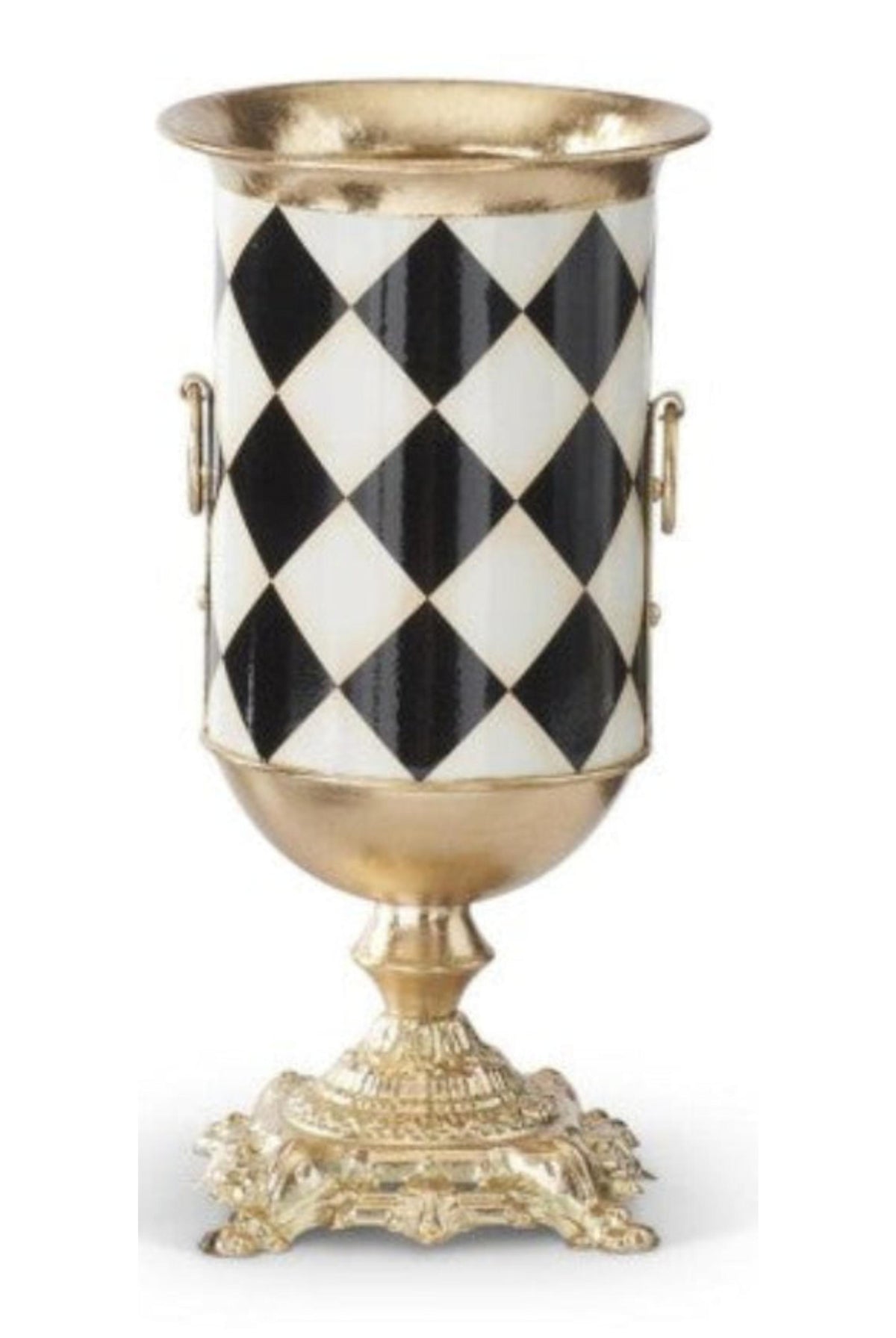 Black and white harlequin check urn vase with elegant gold accents, pedestal base, and side handles.