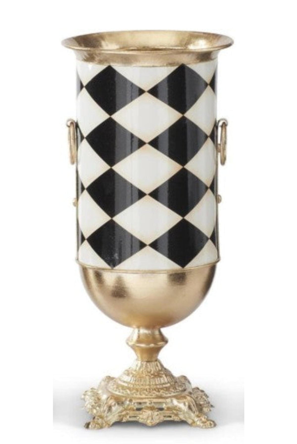 Black and white harlequin check urn vase with gold base, rim, and side handles on a decorative pedestal stand.