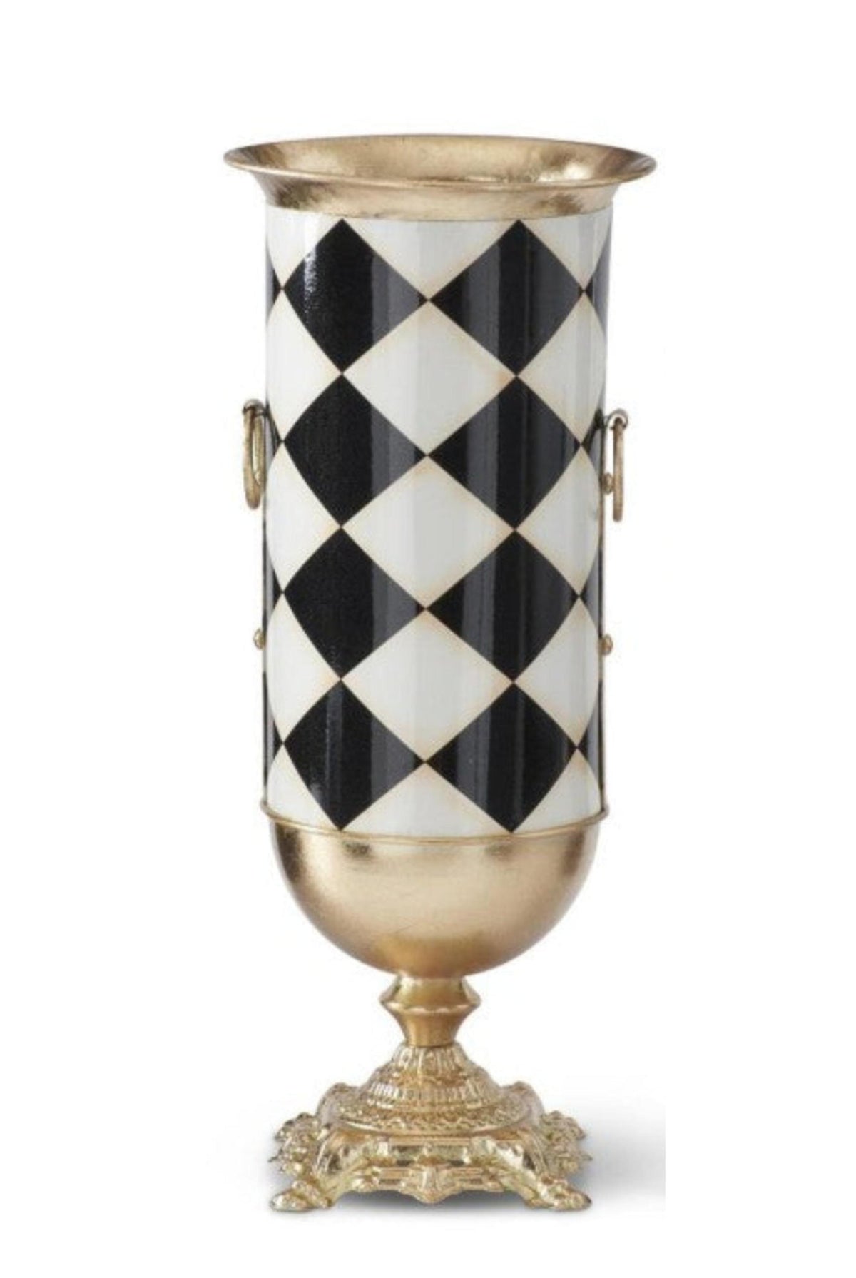Black and white harlequin check urn vase with gold pedestal base and rim.