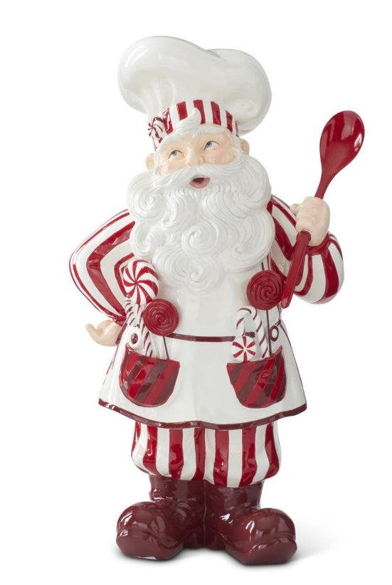 18-inch resin baker Santa figurine in red and white striped apron holding a spoon, decorated with holiday lollipops.
