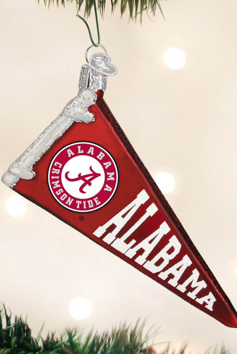 Crimson glass Alabama pennant ornament with white glitter lettering and the official Crimson Tide logo.