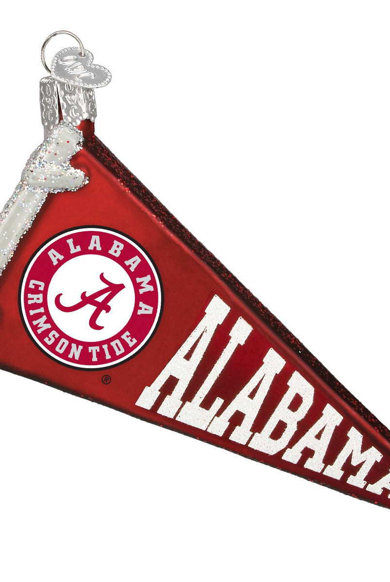 Red glass Alabama Crimson Tide pennant ornament with white glitter accents and team logo on a white background.