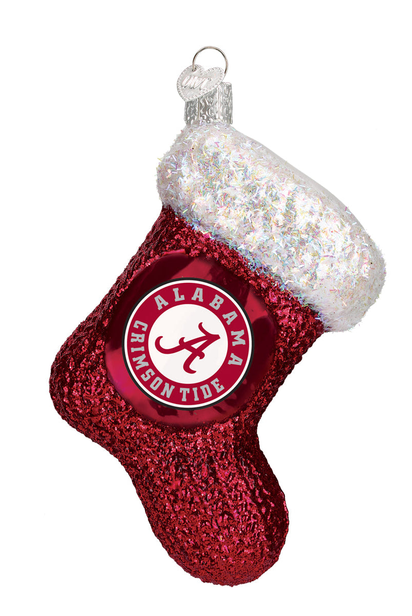 Red glittery Alabama Crimson Tide glass stocking ornament with a white iridescent cuff and team logo.