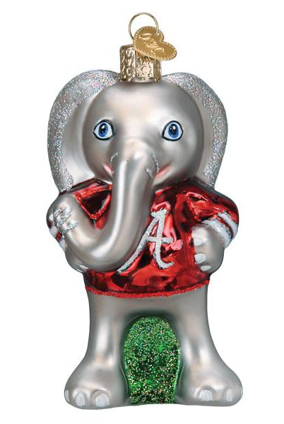 Glass Alabama Big Al elephant ornament wearing a red jersey with a white A logo and glittery silver accents.