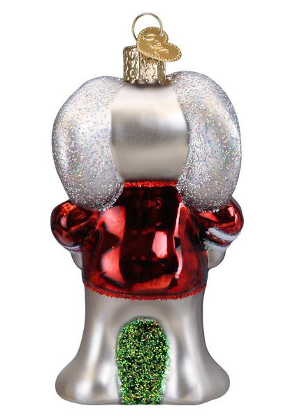 Glass Alabama Big Al elephant ornament featuring a shiny red jersey, silver glittery ears, and a green glittery tail.